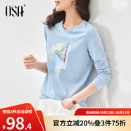 歐莎（OSA）白色印花長(cháng)袖t恤女衣服23年新款打底衫時(shí)尚內搭體恤上衣 藍色 L