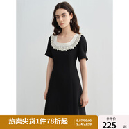 獨束大碼女裝優(yōu)雅蕾絲花邊領小黑裙夏裝赫本風高腰A字中長款裙子 赫本黑-短款 XL (尺碼：3)
