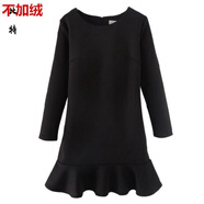 口旋秋冬女裝加絨韓版長(cháng)袖荷葉邊魚(yú)尾連衣裙黑色直筒打底大碼款蓬蓬裙 黑色不加絨 3XL