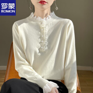 羅蒙（ROMON）2025秋冬新款法式小香風(fēng)加厚毛衣女蕾絲花邊半高領(lǐng)針織衫寬松內(nèi)搭 白色 M 90-110斤