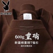 花花公子（PLAYBOY）重磅長袖T恤男秋冬季款小領口美式長袖t恤男女純色厚實不透打底衫 咖啡棕【重磅純棉500+二針雙線】【收藏加購優(yōu)先發(fā)貨】 M 需要多件可領取優(yōu)惠券 80-130斤
