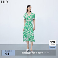 LILY【專柜甄選】秋新款女裝含真絲復古印花泡泡袖垂感連衣裙 309翠綠 S