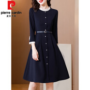 皮爾卡丹（pierre cardin）法式氣質(zhì)高級感長(cháng)袖連衣裙女春秋季大碼收腰遮肚顯瘦高端歐貨裙子 藍色 【今年流行漂亮裙子/高端連衣裙奢華/氣質(zhì)高級 L 【100-110斤】