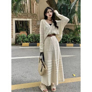 小紅書(shū)爆款慵懶風(fēng)鉤花鏤空針織開(kāi)衫外套女秋季高腰半身裙子時(shí)尚套 套裝均碼