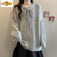 初徑湖藍色蝴蝶結系帶針織開(kāi)衫外套女冬季大碼胖mm軟糯慵懶風(fēng)加厚毛衣 灰色 L 建議100-120斤