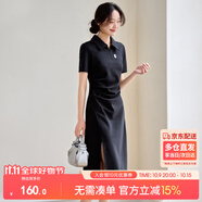 尚都比拉夏季通勤Polo裙短袖針織連衣裙女開叉A字裙 黑色142L54627  M