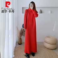 皮爾卡丹（pierre cardin）秋冬高領(lǐng)長袖針織打底連衣裙超長款毛衣裙內(nèi)搭加厚長裙打底衫長款 紅色 XL (建議125-145體重)
