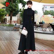 皮爾卡丹（pierre cardin）品牌高檔輕奢黑色針織連衣裙女秋冬季2025修身顯瘦高領(lǐng)內(nèi)搭打底裙 品牌高端新品-（黑科技發(fā)熱纖維+梭織布） 裙長120CM S 100斤左右以下