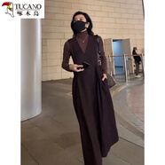 啄木鳥冬季毛呢背心連衣裙女秋冬加厚顯瘦打底裙吊帶v領(lǐng)無(wú)袖背帶裙長(zhǎng)裙 深咖色 XL (建議131-150斤)
