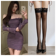 暴妃大碼修身裙子長(cháng)袖連衣裙性感蕾絲一字肩感微胖包臀裙女 紫色連衣裙+黑絲襪 L 【120-135斤】