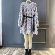 苜戈2025年秋季小香風(fēng)氣質(zhì)甜美圓領(lǐng)系腰帶A字裙波浪毛毛流蘇連衣裙女 灰色(5821) 均碼