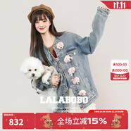 拉拉波波【玩偶熊系列】LALABOBO牛仔夾克25年秋新原創(chuàng)新中式盤扣刺繡外套 中藍(lán)白 L