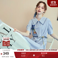 兩三事梵高文藝 美學漣漪 2025夏季新款印花貼布繡綁帶翻領(lǐng)連衣裙 藍色 S