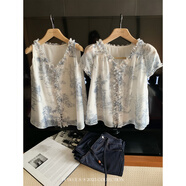 ZZ&FFFF BLUE 瓷骨生花 青花瓷清冷霧感紗花邊背心吊帶夏日涼爽上衣女 瓷骨生花清冷_花邊短袖_現(xiàn)貨 XS