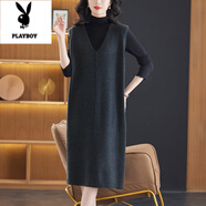 花花公子（PLAYBOY）馬甲背心連衣裙女秋冬遮屁股洋氣上衣針織衫外穿寬松中長(cháng)款毛衣裙 深灰色 2XL 建議125-135斤