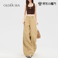 OLDER SEA卡其色復(fù)古彎刀牛仔褲女2025秋季新款寬松拖地休閑直筒美式闊腿褲 卡其色 L 建議110-120斤