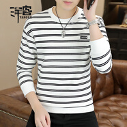 洋客高端條紋男士長(cháng)袖t恤圓領(lǐng)修身休閑秋季新款帥氣百搭潮流打底衫 白色 常規款 2XL  適合150-165斤