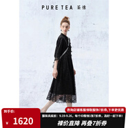 茶·愫【蕾絲美學(xué)】puretea茶愫盤扣立領(lǐng)連衣裙女撞料蕾絲裙2024夏新款 石墨黑 M