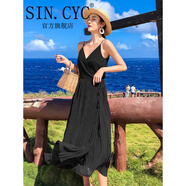 SIN.CYC度假吊帶連衣裙女夏季海邊百褶沙灘長(zhǎng)裙女雪紡超仙V領(lǐng)流行裙子 黑加侖 M