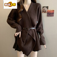 初徑不規則針織開(kāi)衫毛衣外套女款大碼胖mm顯瘦中長(cháng)款系帶收腰上衣 咖色外套+加腰帶【 L 【建議100-115斤】