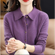 花花公子（PLAYBOY）秋冬新款氣質(zhì)女開(kāi)衫襯衣領(lǐng)POLO領(lǐng)長(cháng)袖毛衣大碼羊毛打底針織衫 紫色 S