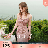 三彩獨(dú)醒2025夏季新款系帶V領(lǐng)吊帶裙暈染印花連衣裙收腰長裙F 粉色暈染 S 155/80A