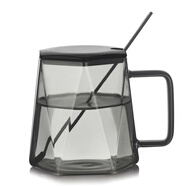 小北家黑鉆石玻璃杯馬克杯咖啡杯子帶勺把手耐高溫輕奢玻璃辦公室水杯 黑玻璃杯+勺+矽膠蓋