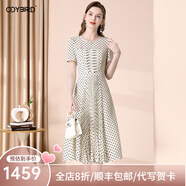 歐迪鳥設(shè)計感波點(diǎn)法式連衣裙2025夏季新款氣質(zhì)短袖收腰顯瘦百褶裙子 杏色 M