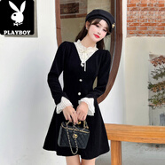 花花公子（PLAYBOY）法式赫本風(fēng)復古黑色連衣裙2025春季新款小個(gè)子收腰顯瘦女裝6385 黑色【常規】 2XL 130-145斤