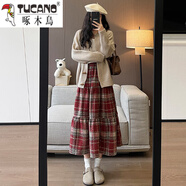 啄木鳥（TUCANO）毛呢格子裙女秋冬季2025新款復(fù)古a字顯瘦中長款蛋糕裙圣誕半身裙 酒紅色 S 【95斤以內(nèi)】