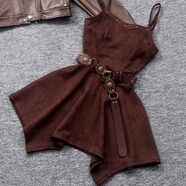 實(shí)拍2025年夏裝復(fù)古感辣妹吊帶不規(guī)則大擺裙咖啡色修腰連衣裙 咖啡色連衣裙+腰帶 S S