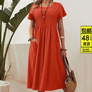 ZOCI麻料女裝亞麻高級女連衣裙2025歐美長(cháng)裙新款純色圓領(lǐng)口袋褶皺短袖 橙紅色 2XL