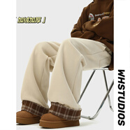 QGF重磅加絨加厚衛褲女男冬季美式格子拼接毛呢褲子潮牌百搭直筒長(cháng)褲 杏色加絨 M 【建議90-110斤】