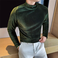 管先生高級感金絲絨長(cháng)袖t恤男秋冬款保暖半高領(lǐng)打底衫純色中領(lǐng)內搭小衫 CT111墨綠色 M
