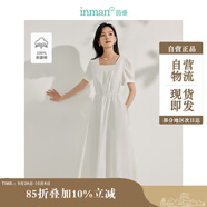 茵曼府綢連衣裙夏季女裝法式方領(lǐng)收腰顯瘦長裙子 珍珠白-短袖 L
