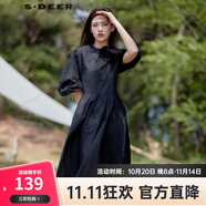 sdeer圣迪奧秋季2022女裝時尚百搭不規(guī)則高腰公主袖套頭短袖立體剪裁A字黑色氣質(zhì)連衣裙女 黑色/91 S/160