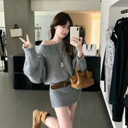 秋冬寬松大碼時(shí)尚套裝一字領(lǐng)兩件套露肩針織毛衣連衣裙收腰包臀裙 灰色+腰帶 S
