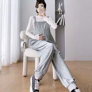 依鎏衣品秋冬孕婦裝兩件套裝純棉吊帶褲女T恤百搭寬松休閑運動(dòng)闊腿背帶褲 淺灰單件背帶褲 XXL建議150-165斤