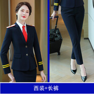 GABALMANIA乘務(wù)員空姐保安女秋冬長(zhǎng)袖打鼓服氣質(zhì)修身大紅西裝褲套裝 藍(lán)西裝＋藍(lán)長(zhǎng)褲【肩章】 S