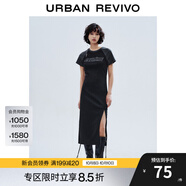 UR秋季新款女潮流休閑字母印花開(kāi)衩短袖連衣裙UWV740104 正黑 S