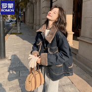 羅蒙（ROMON）復(fù)古仿羊羔毛牛仔短外套女秋冬款韓版時(shí)髦小個(gè)子加絨加厚棉服 【牛仔復(fù)古色】牛仔外套 加絨 S 碼建議90-100斤