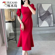 啄木鳥(niǎo)2025夏季優(yōu)雅氣質(zhì)女神范名媛泡泡袖宴會(huì )晚禮服方口領(lǐng)魚(yú)尾連衣裙潮 【2703#】紅色 M 100斤內