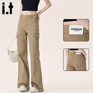 :CHOCOOLATE  it女裝褲子高腰顯瘦工裝牛仔褲女2025春秋復古卡其多口袋長(cháng)褲女 卡其色長(cháng)褲 M