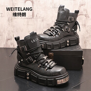 WEITELANG維特朗時(shí)裝靴男秋冬新款厚底增高短靴英倫風(fēng)鉚釘中筒馬丁靴男高幫鞋 黑標準版 38