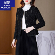 羅蒙（ROMON）小香風(fēng)短外套2025年秋季新款粗花呢小西裝氣質(zhì)黑色短款外套女秋冬 黑色 M 建議95-105斤