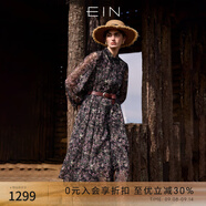 EIN言浪漫碎花印花蕾絲翻領(lǐng)長(zhǎng)燈籠袖文藝雪紡連衣裙2025夏季新款 石墨黑 L