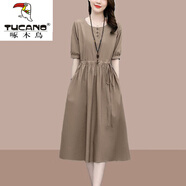 啄木鳥(niǎo)棉麻連衣裙亞麻裙子高檔女中長(cháng)款2025年夏季新款氣質(zhì)收腰顯瘦遮肚 卡其色 XL 建議118-132斤