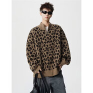 gxmy美式豹紋立領(lǐng)開(kāi)衫毛衣男生潮牌秋冬寬松慵懶風(fēng)百搭針織衫休閑外套 棕色 L