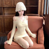 京東嚴選法式感一字肩拼接蕾絲針織連衣裙女秋冬季新款修身顯瘦包 淺咖色短裙 S S89-95斤