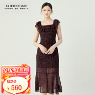 哥弟（GIRDEAR）女裝2025新款荷葉邊領(lǐng)口開叉造型連衣裙（附腰帶）150025 梅洛葡萄酒紅 L (4碼)